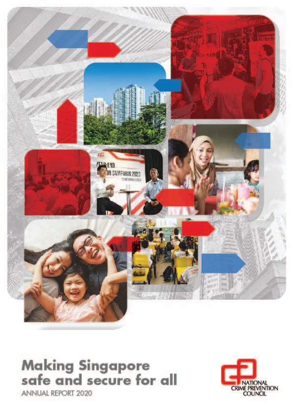 The cover of the National Crime Prevention Council Annual Report 2020 features a montage of rounded photographic panels showing urban housing, public gatherings, family interactions, and community safety events, connected by graphic red and blue arrows.